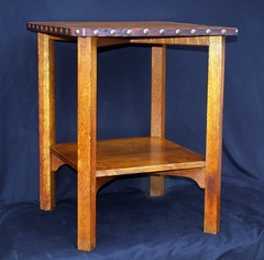 Gustav Stickley clip-corner lamp table in excellent original finish, original tacks, signed.